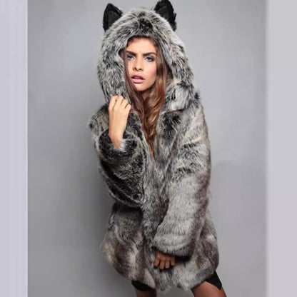 Women's Short Hooded Jacket made of vegan high-pile synthetic fur with cat ears and tailored silhouette Shop Velvia