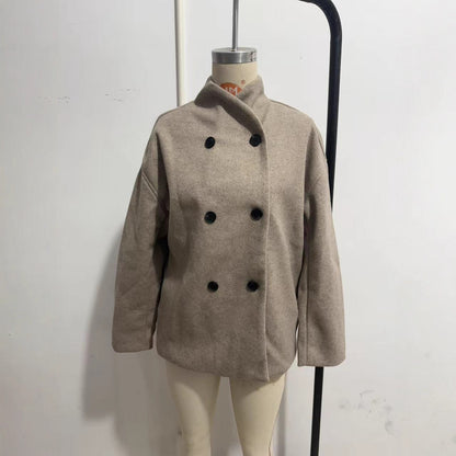 Women Short Double-Breasted Wool Blend Coat with Stand-Up Collar Shop Velvia
