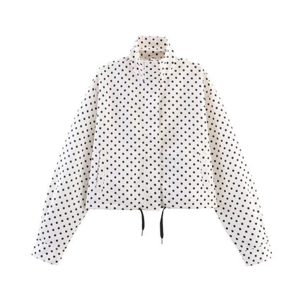 Women's Cropped Quilted Jacket with Polka Dot Print, Stand Collar and Drawstring Shop Velvia