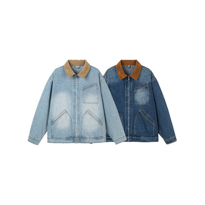 Men's Boxy Denim Jacket in Worker Style with Cord Collar and Front Zipper Shop Velvia