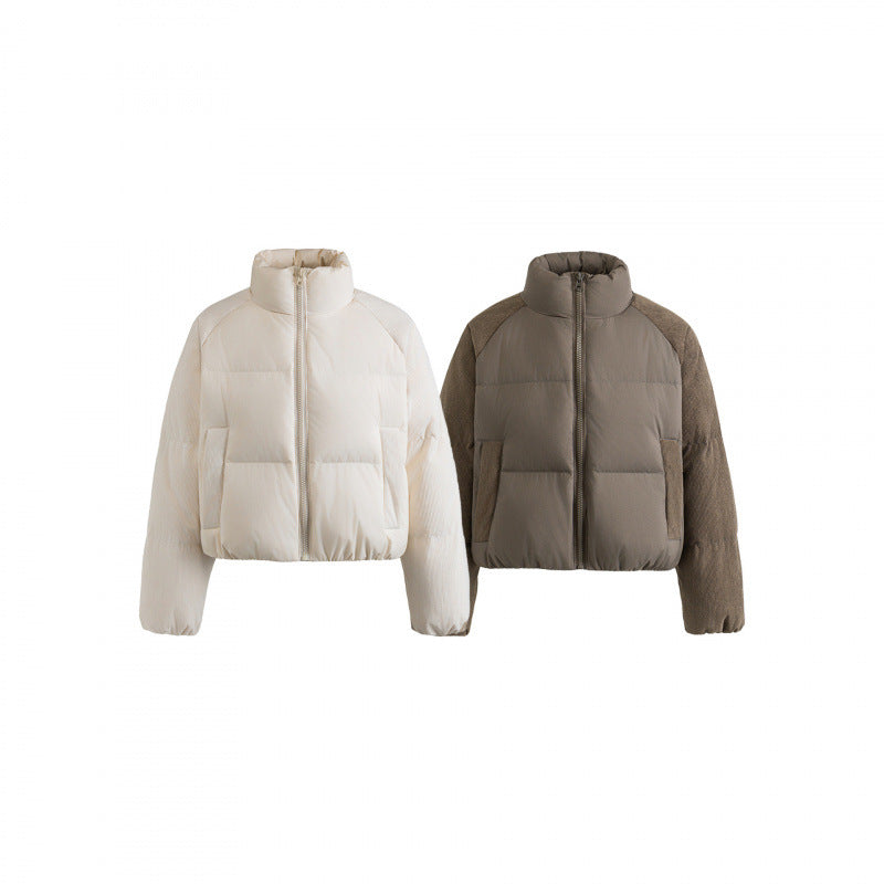Women's short padded jacket with cord sleeves and high stand-up collar Shop Velvia