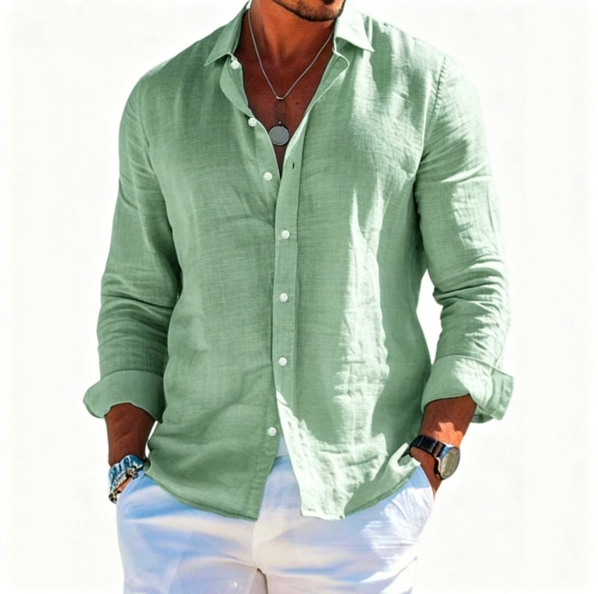 Men's structured linen shirt with open collar, lightweight texture and casual-tailored fit Shop Velvia