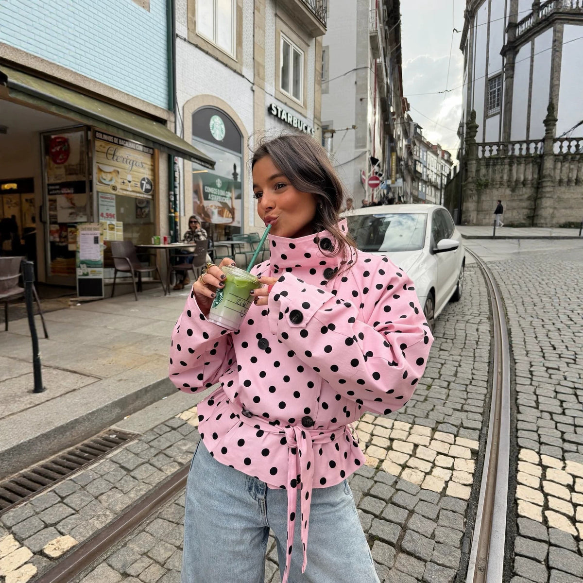 Women Tailored Polka Dot Trench Coat with Tie Belt Shop Velvia
