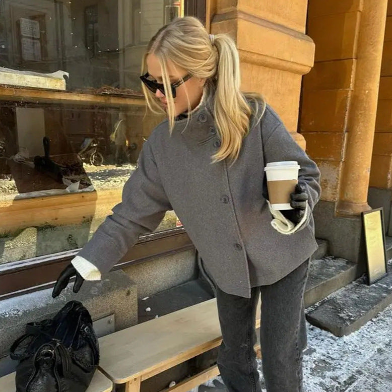 Women's 9800+ short boxy wool blend jacket with high funnel collar, asymmetrical button placket and adjustable cuffs Shop Velvia