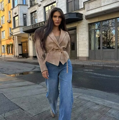 Women's Tailored Suede Wrap Blazer with Padded Shoulders and Tie Belt Shop Velvia