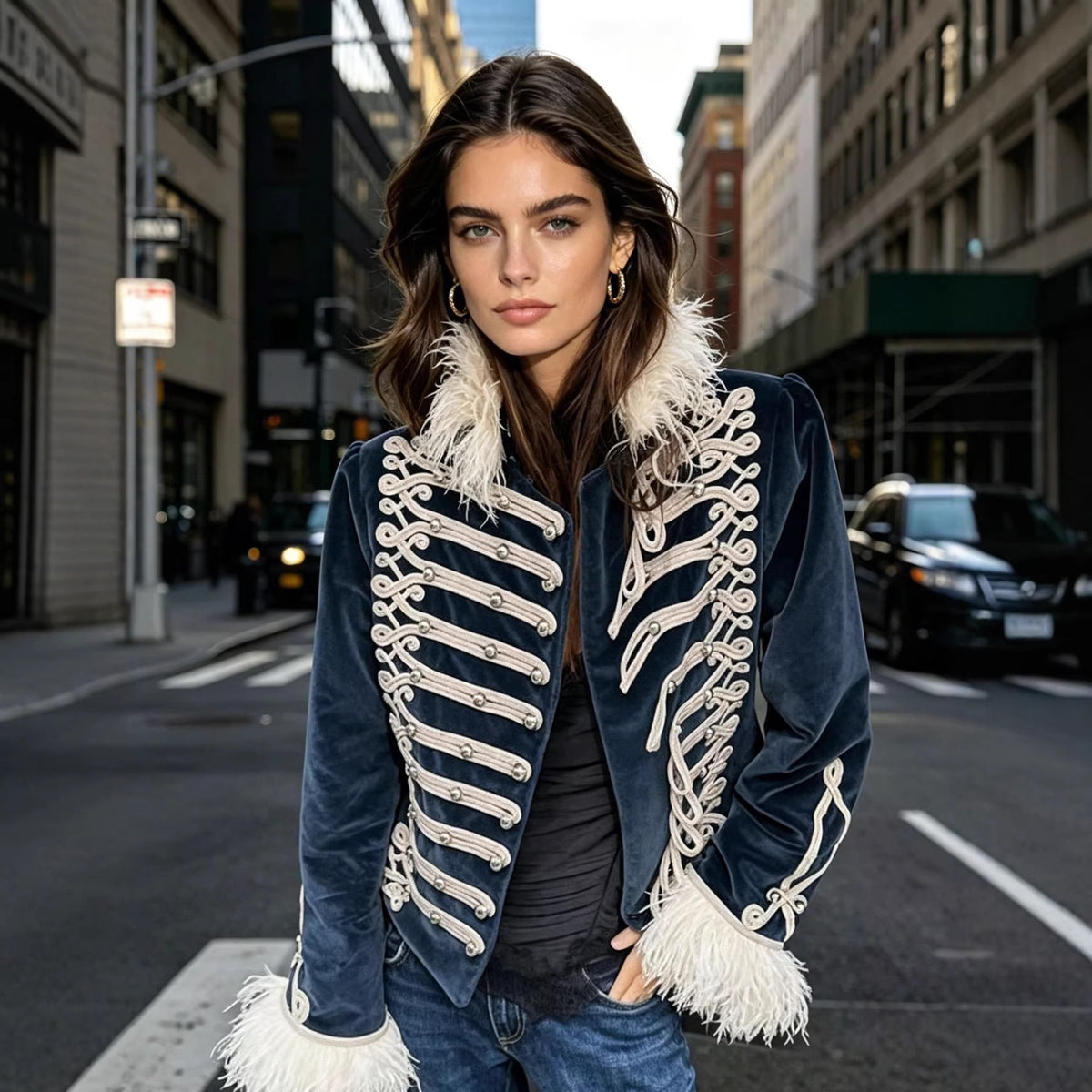Women's tailored velvet military jacket with decorative cord appliqués and feather trim Shop Velvia