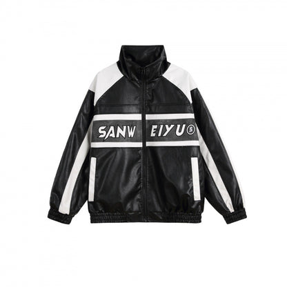 Unisex Retro-inspired Faux Leather Bomber Jacket with Stand-up Collar, Contrast Stripes and Letter Patch Shop Velvia