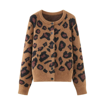 Women's fluffy cardigan in leopard print with round neckline and button placket Shop Velvia