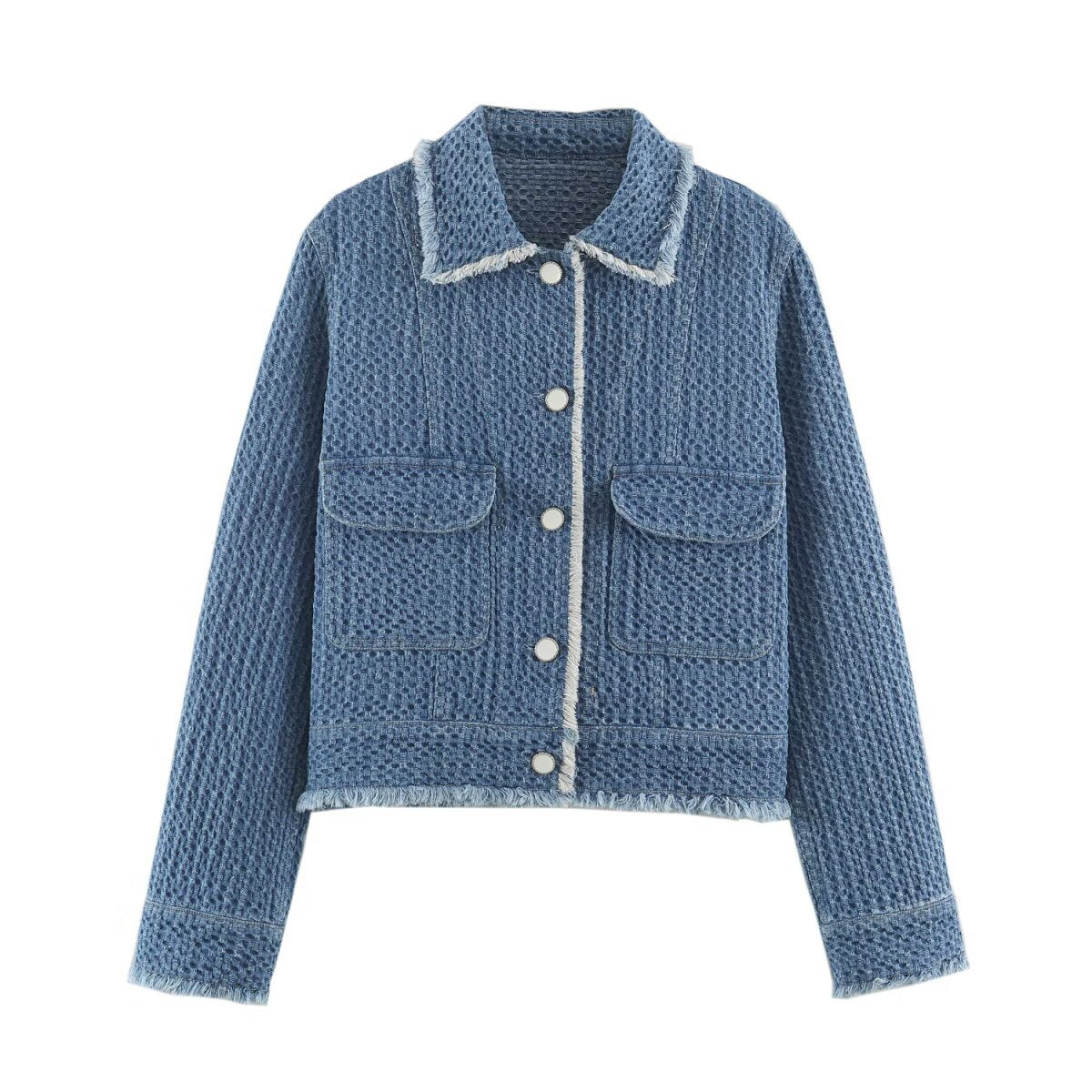 Ladies Cropped Boxy Denim Jacket with Waffle Texture, Patch Pockets and Fringe Trim Shop Velvia