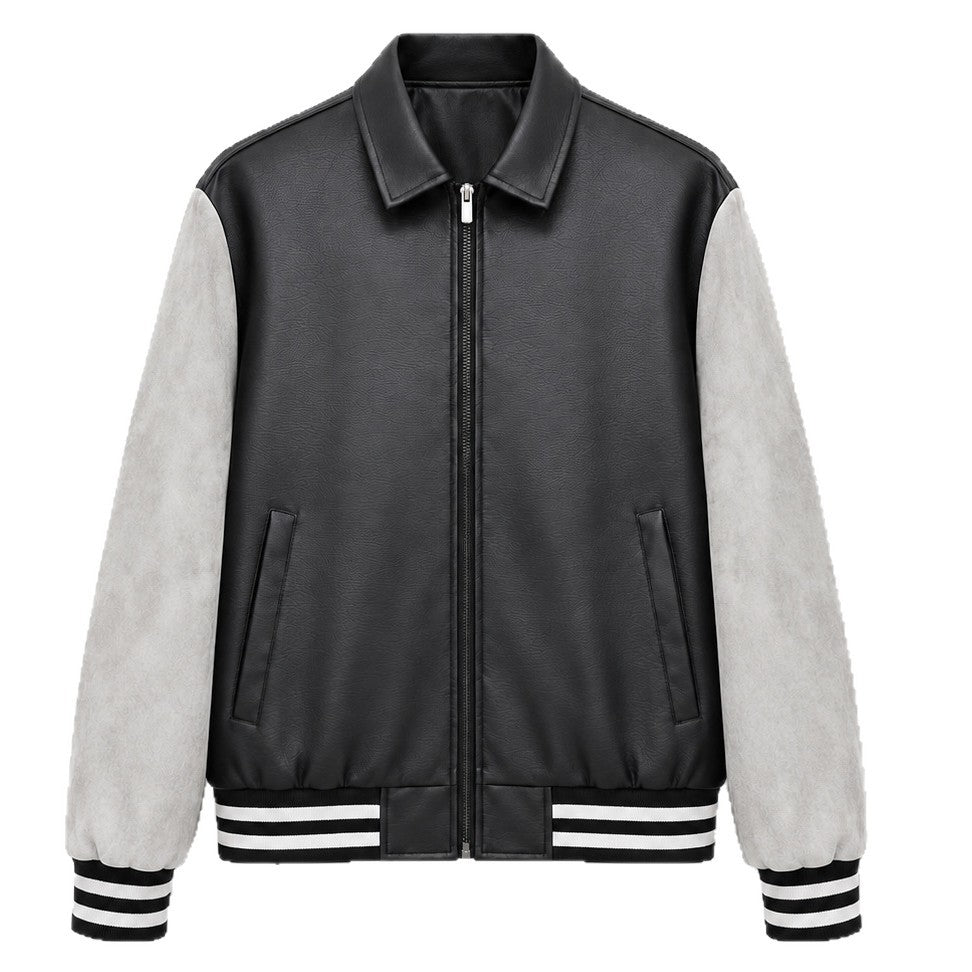 Men's Retro Letterman Bomber with Smooth Faux Leather Body and Velvet Sleeve Detail Shop Velvia