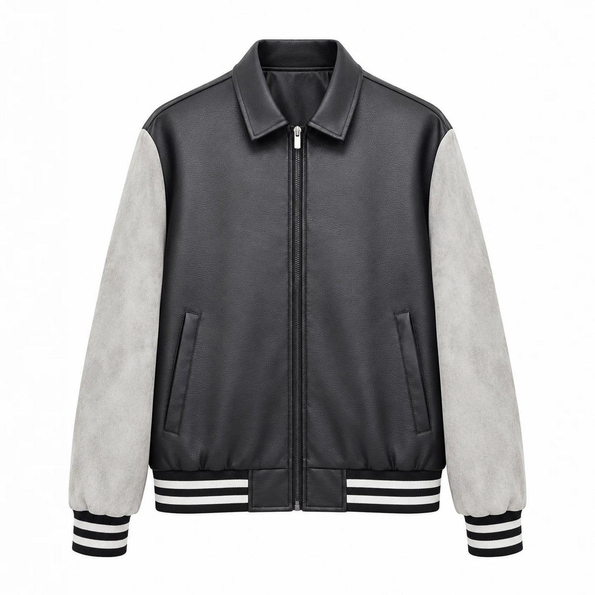 Men's Retro Letterman Bomber with Smooth Faux Leather Body and Velvet Sleeve Detail Shop Velvia