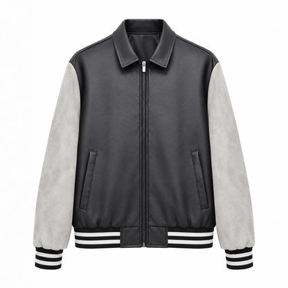 Men's Retro Letterman Bomber with Smooth Faux Leather Body and Velvet Sleeve Detail Shop Velvia