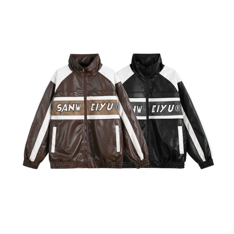 Unisex Retro-inspired Faux Leather Bomber Jacket with Stand-up Collar, Contrast Stripes and Letter Patch Shop Velvia