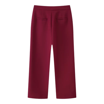 Women Elegant Two-Piece Blazer and Wide Leg Trousers Ensemble with Feather Trim on Sleeves Shop Velvia