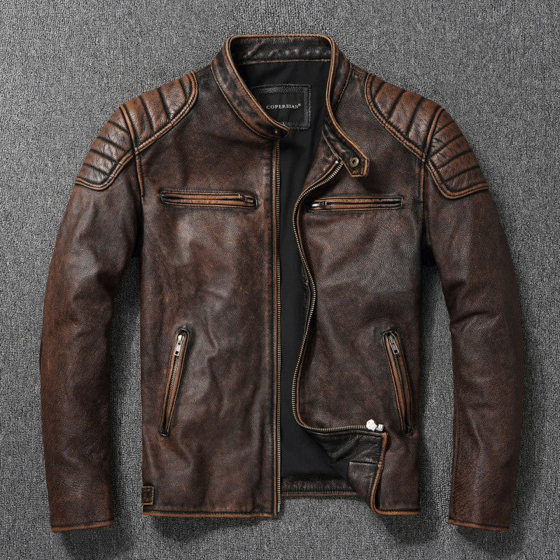 Men's leather jacket in vintage biker style with chest pockets and zipper Shop Velvia