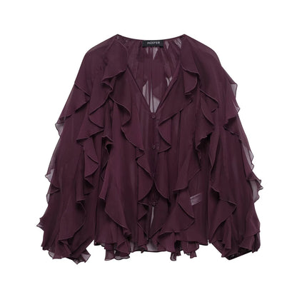 Women Voluminous Chiffon Blouse with Layered Ruffles and Button Placket Shop Velvia