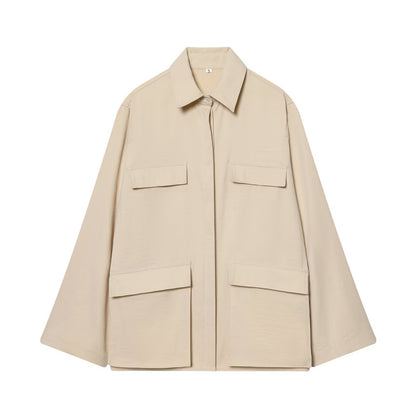 Women's Oversize Field Jacket in Boxy Cut with Four Flap Pockets and Concealed Snap Placket Shop Velvia
