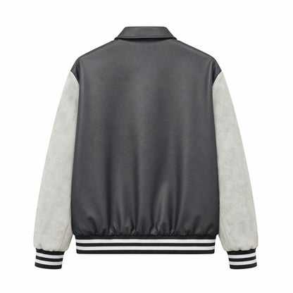 Men's Retro Letterman Bomber with Smooth Faux Leather Body and Velvet Sleeve Detail Shop Velvia