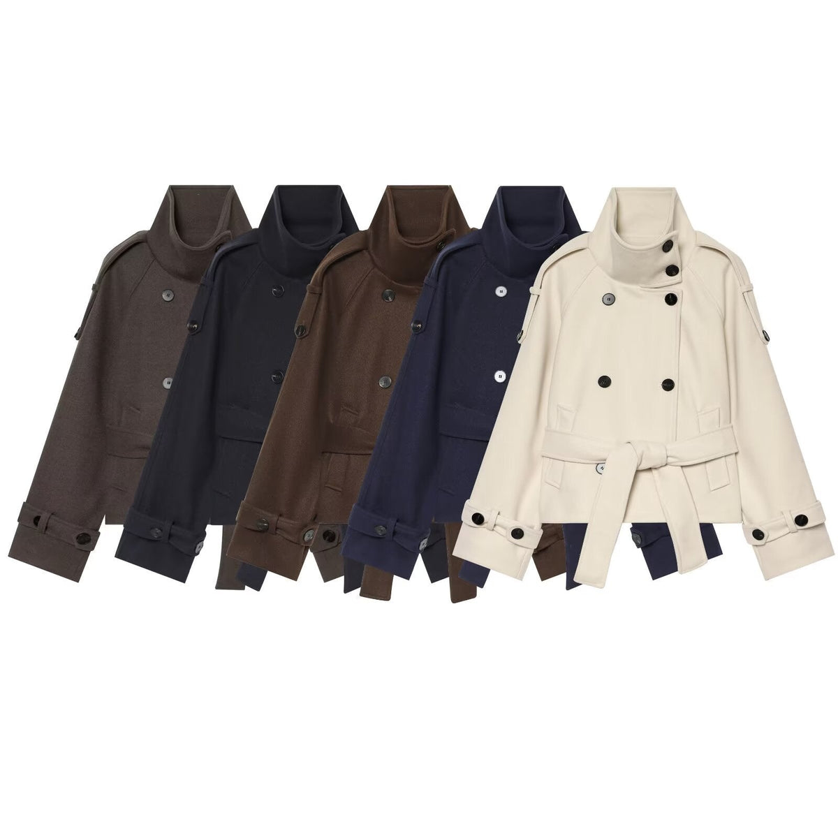 Women's Short Double-Breasted Cape Coat made of Wool with Stand-Up Collar Shoulder Epaulettes and Tie Belt Shop Velvia