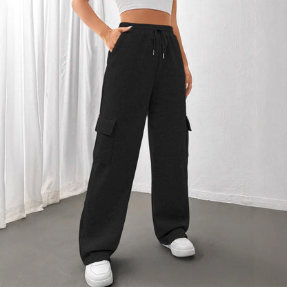 Ladies cargo jogging pants with high elastic waistband, drawstring, and wide leg Shop Velvia