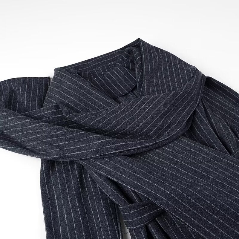 Women's Long Cut Pinstripe Coat in Trench Coat Look with Tie Belt Shop Velvia