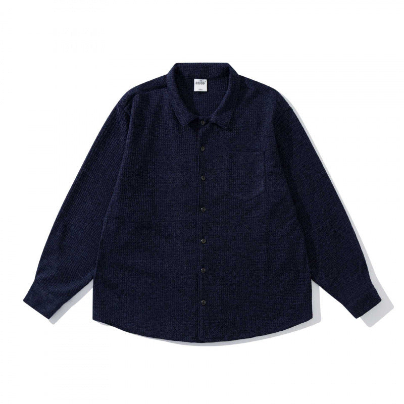 Unisex Boxy-Structure Knit Shirt with Kent Collar, Full Button Placket, and Patch Chest Pocket Shop Velvia