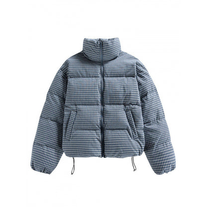 Women's short quilted jacket in check pattern with high stand-up collar and drawstring Shop Velvia