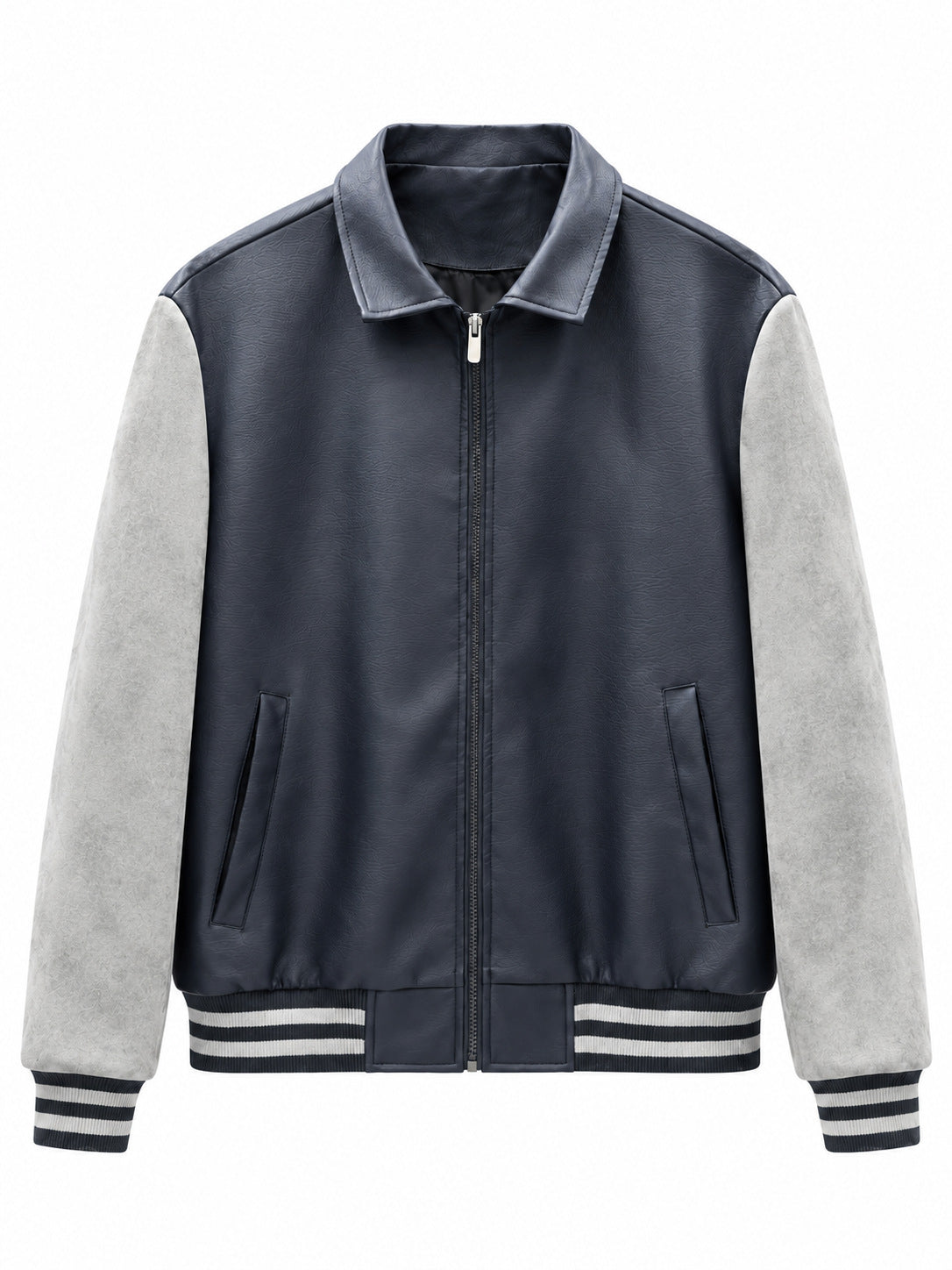 Men's Retro Letterman Bomber with Smooth Faux Leather Body and Velvet Sleeve Detail Shop Velvia