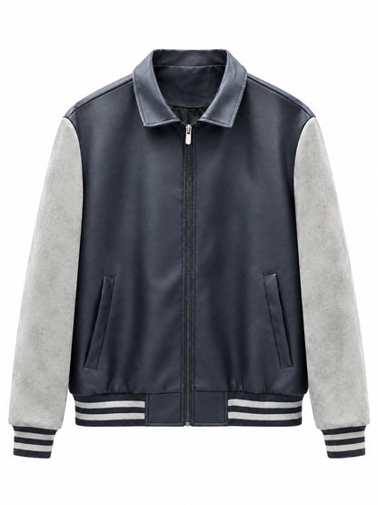 Men's Retro Letterman Bomber with Smooth Faux Leather Body and Velvet Sleeve Detail Shop Velvia