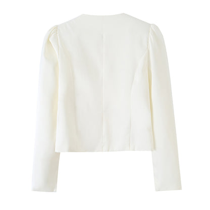 Women's Tailored Short Blazer with Puff Sleeves and Covered Buttons Shop Velvia