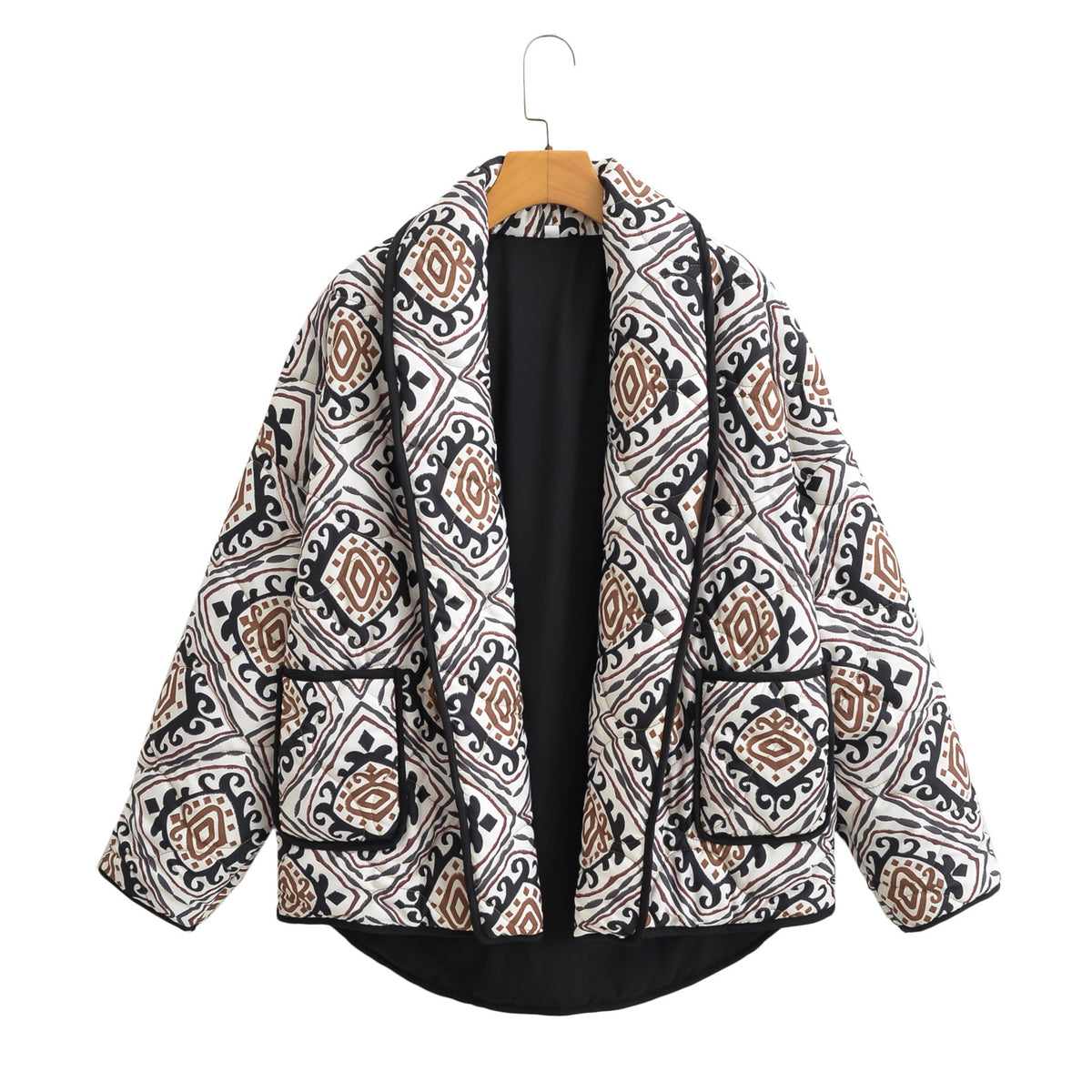 Women's quilted kimono jacket with graphic ethnic print and waist belt Shop Velvia