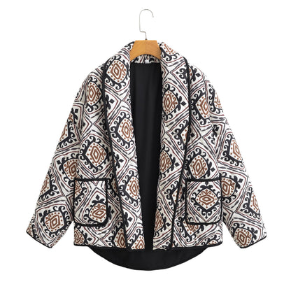 Women's quilted kimono jacket with graphic ethnic print and waist belt Shop Velvia
