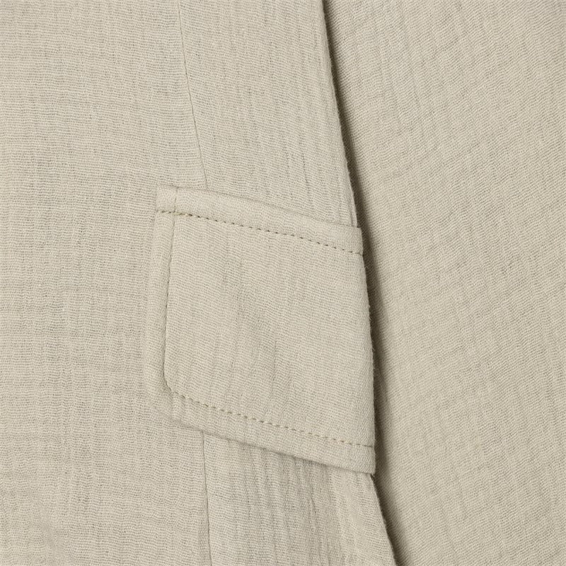 Women Boxy Linen Blazer with Stand Collar, Decorative Button Placket and Patch Pockets Shop Velvia