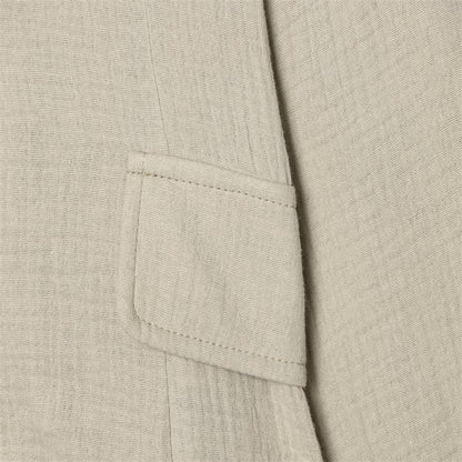 Women Boxy Linen Blazer with Stand Collar, Decorative Button Placket and Patch Pockets Shop Velvia