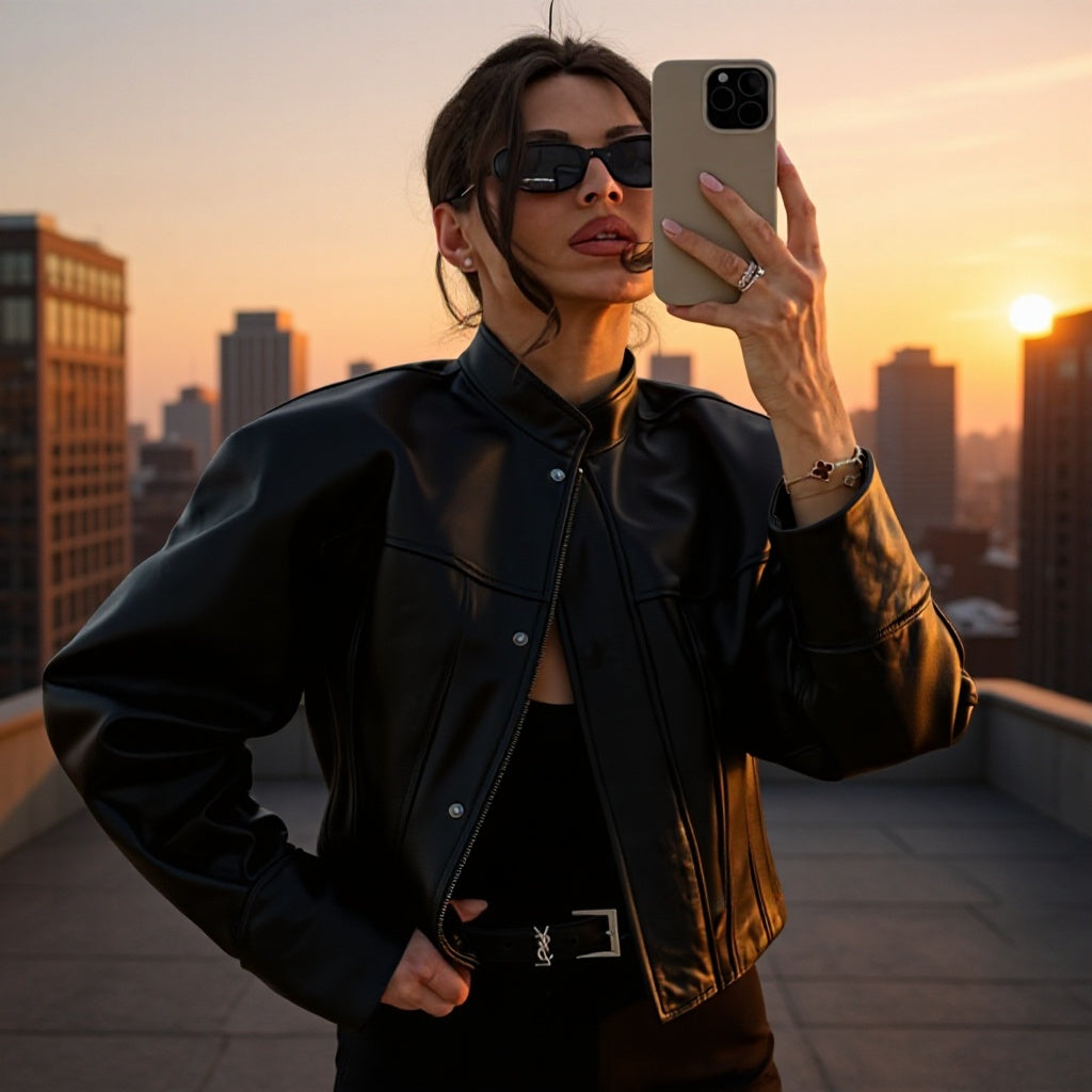 Women's short jacket in biker-bomber style made of vegan leather with a stand-up collar and oversized sleeves Shop Velvia