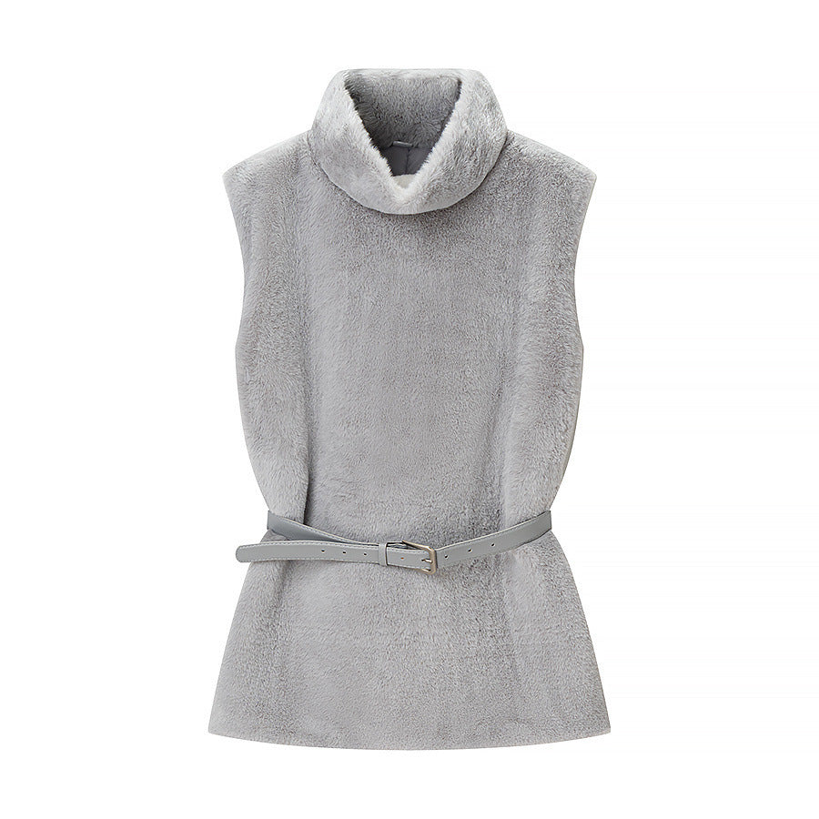 Women Short Sleeveless Faux Fur Vest with High Collar and Waist Belt Shop Velvia