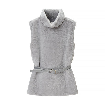 Women Short Sleeveless Faux Fur Vest with High Collar and Waist Belt Shop Velvia