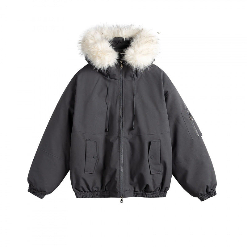 Women's Padded Bomber Jacket with Faux Fur Hood, Boxy Cut and Utility Pockets Shop Velvia