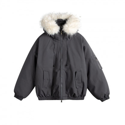 Women's Padded Bomber Jacket with Faux Fur Hood, Boxy Cut and Utility Pockets Shop Velvia