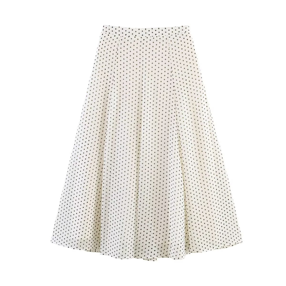 Ladies Flowing Midi Skirt in Vintage Polka Dot Design with Flared Plate Cut Shop Velvia