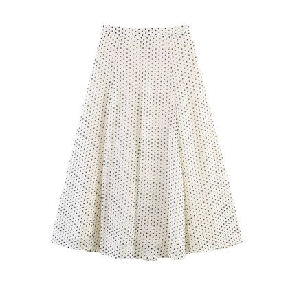 Ladies Flowing Midi Skirt in Vintage Polka Dot Design with Flared Plate Cut Shop Velvia