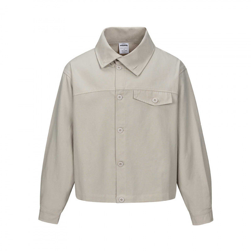 Unisex Short Cut Boxy Shirt Jacket with Chest Pocket and Clear Button Placket Shop Velvia