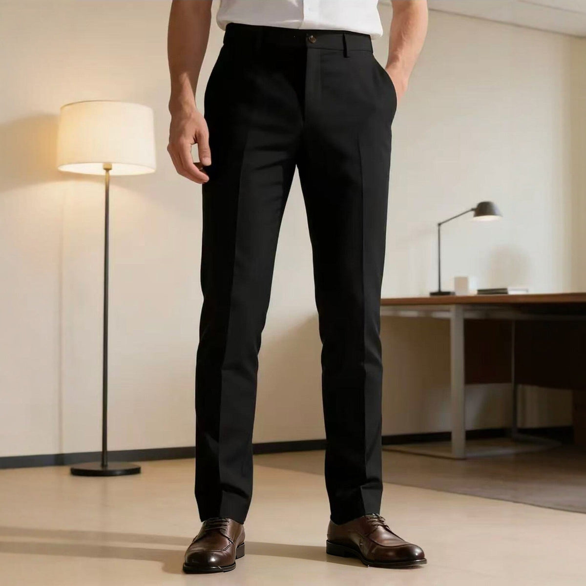 Men's slim-fit dress pants with crease, flat waistband, and stretch comfort Shop Velvia
