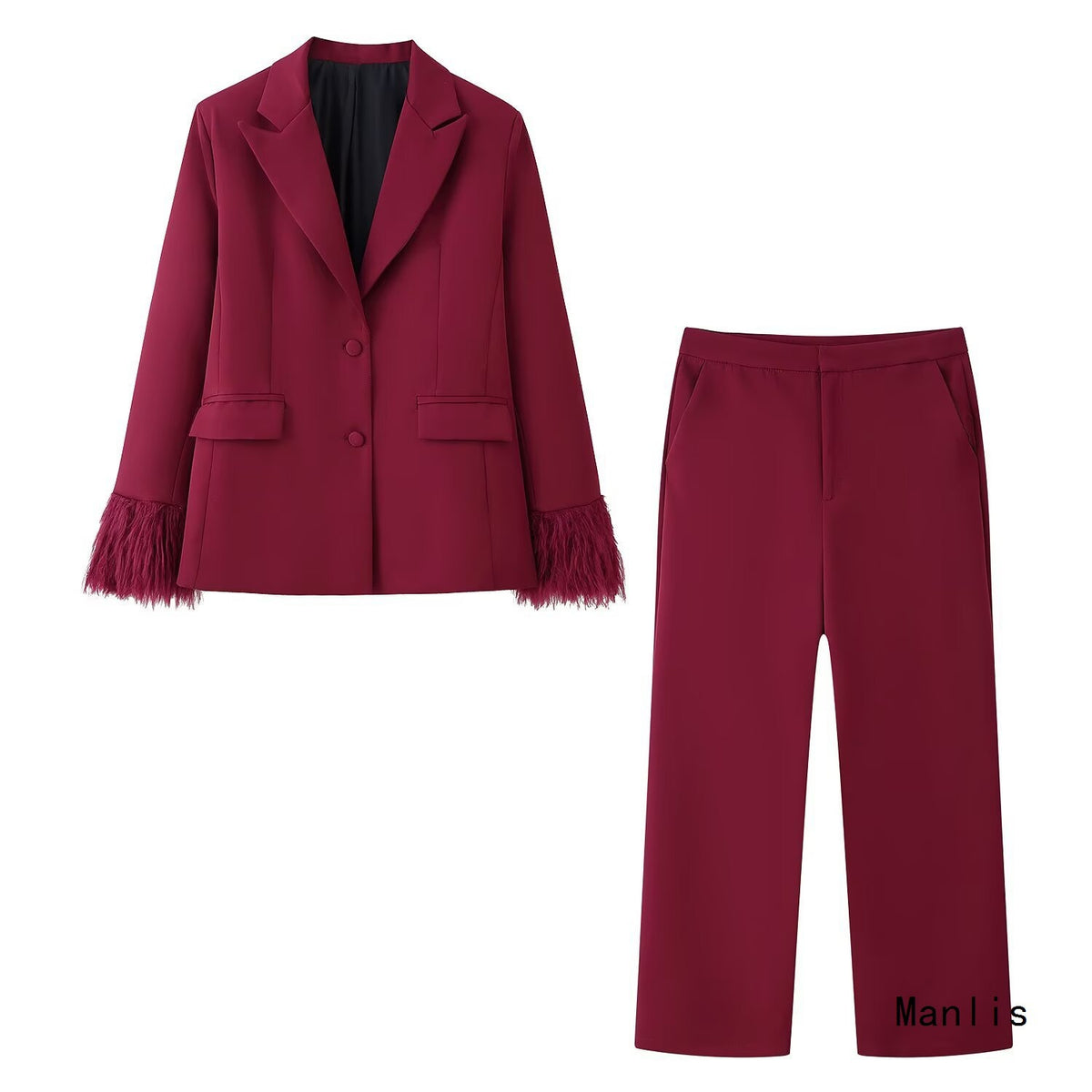 Women Elegant Two-Piece Blazer and Wide Leg Trousers Ensemble with Feather Trim on Sleeves Shop Velvia