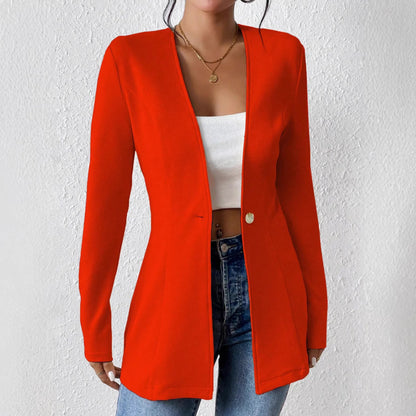 Ladies Tailored Long Blazer with V-Neck and One-Button Closure Shop Velvia