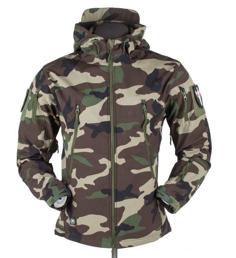 Men's Tactical Softshell Jacket with Hood, Camouflage Pattern and Multiple Zipper Pockets Shop Velvia