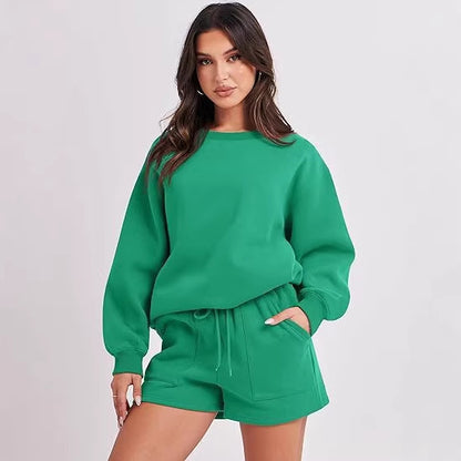 Women's Casual Two-Piece Lounge Sweatset with Oversized Round Neck Sweatshirt and High-Waist Relax Shorts Shop Velvia