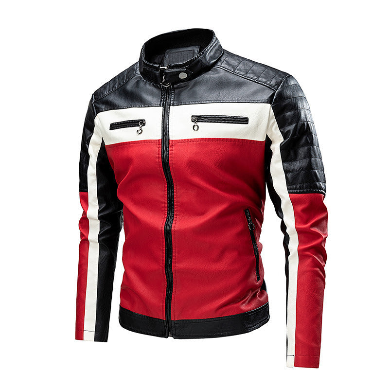 Men's Quilted Biker Jacket made of Faux Leather with Contrast Stripes and Stand-Up Collar Shop Velvia