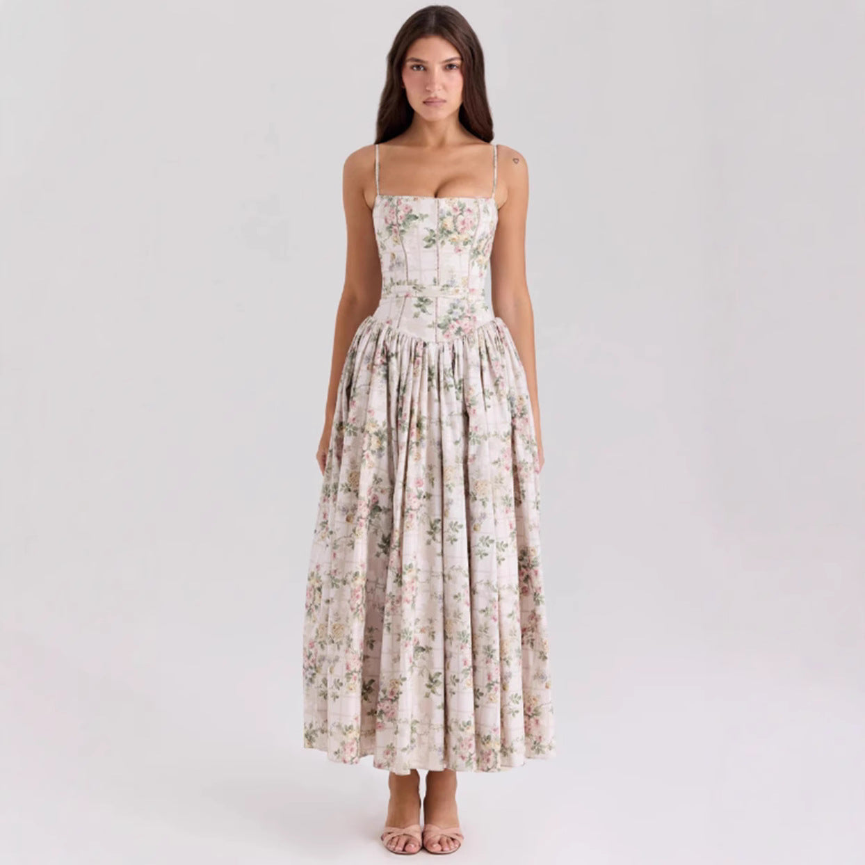 Women's fitted maxi dress with corset top and fine spaghetti straps