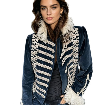 Women's tailored velvet military jacket with decorative cord appliqués and feather trim Shop Velvia